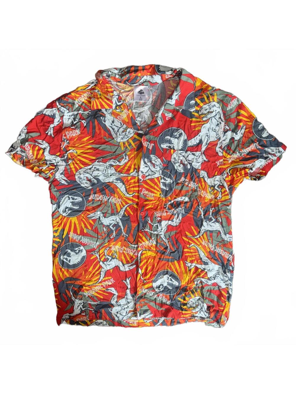 Jurassic Park Large Hawaiian Button Up Shirt Dinosaur Tropical Print